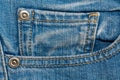 Close-up of blue jeans pocket. Denim texture, macro background for web site or mobile devices Royalty Free Stock Photo