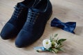 Close up of blue male shoes, bowtie and  boutonniere, copy space. Modern man accessories. Royalty Free Stock Photo