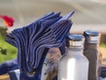 Close up blue napkins salt and pepper in glass spice jar Royalty Free Stock Photo