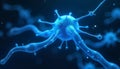 Close up of a neuron cell with dendrites in a blue color scheme on a dark blue background design