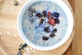 Close up blue oatmeal bowl