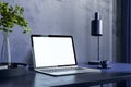 Close up of blue office workplace with empty laptop and other items. Hipster home workplace. Mock up Royalty Free Stock Photo