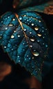 Close-up of a blue and orange leaf with water drops on it. AI generate Royalty Free Stock Photo