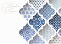 Close-up of blue ornamental arabic tiles, patterns through white mosque window. Greeting card, invitation for Muslim