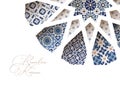 Close-up of blue ornamental Morroccan tiles through white arab star shape pattern. Greeting card, invitation for Muslim