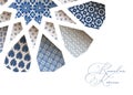 Close-up of blue ornamental Morroccan tiles through white arab star shape pattern. Greeting card, invitation for Muslim Royalty Free Stock Photo