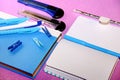 Blue Stationery on Pink: Office & Crafting Royalty Free Stock Photo