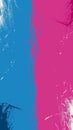A close up of a blue and pink paint splatter on the wall, AI