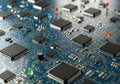 A close-up of a blue printed circuit board (PCB) featuring Royalty Free Stock Photo