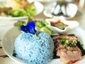 Close up blue Rice Made From Butterfly Pea Flower. traditional Thai herb food