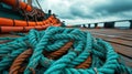 A close up of a blue rope on the deck of an ocean vessel, AI Royalty Free Stock Photo