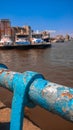 Close up of Blue Rusty Metal Pier Fence Royalty Free Stock Photo