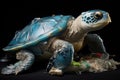 Close up of a blue sea turtle on black background with trash, Portray the devastating effects of plastic pollution on marine life Royalty Free Stock Photo