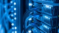 Close-up of Blue Server Rack with Ethernet Cables and Blinking Lights, Data Center Royalty Free Stock Photo