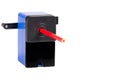 Close-up of a blue sharpener with pencil Royalty Free Stock Photo