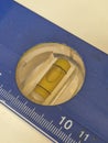 Close Up of Blue Spirit Level Tool with Bubble Royalty Free Stock Photo