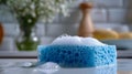 Close-up of a blue sponge with bubbles on a kitchen counter. Royalty Free Stock Photo