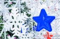 Close up blue star hanging with snowflake ,Holiday concept