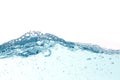 Close up blue water splash with air bubbles. Fresh and clean surface aqua flowing in wave and clean water on white background