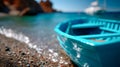 Close-up of a blue and white boat on a sparkling seaside shore Royalty Free Stock Photo