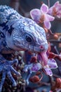 Close Up of Blue and White Iguana Licking Purple Orchid Flowers on a Textured Branch in a Natural Habitat Setting Royalty Free Stock Photo