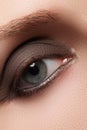 Close-up of blue woman eye with beautiful smoky make-up. Cosmetics & makeup