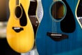 Close-up of blue wooden classical guitar
