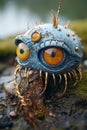 a close up of a blue and yellow creature with big eyes Royalty Free Stock Photo