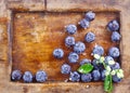 Close-up of blueberries in an old used wooden tray