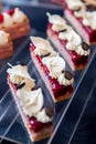 Close-up of blueberry red mousse brownie, white chocolate wings and buttercream