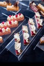 Close-up of blueberry red mousse brownie, white chocolate wings and buttercream