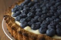 Close up blueberry tart or cake with cream and berries. Fresh sweet dessert with fruits. Homemade food, wooden, rustic background Royalty Free Stock Photo