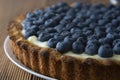 Close up blueberry tart or cake with cream and berries. Fresh sweet dessert with fruits. Homemade food, wooden, rustic background Royalty Free Stock Photo