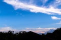 Bluesky clouds background over silhouette of roof home and trees background