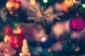 Close-up blurred fragment of Christmas tree with toys, lights of Gerland and tinsel. Retro toning style, focus out