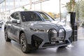 close-up BMW electric SUV model ix in Studio, Exterieur electric vehicle in showroomr, alternative energy development concept,