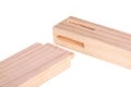 Close-up of boards with woodworking mortises and a tenon isolate Royalty Free Stock Photo