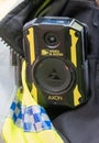 Close up of body camera worn by Metropolitan police officers - London, UK. Royalty Free Stock Photo