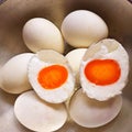 Close-up boiled duck eggs group in A stainless bowl. Royalty Free Stock Photo