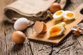 Close-up boiled or raw chicken eggs on wooden board Royalty Free Stock Photo