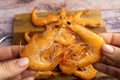 Close-up of boiled shrimp that lean against each other to form a heart shape Royalty Free Stock Photo