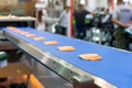 Close up bologna sliced on automatic conveyor machine of industrial food manufacture