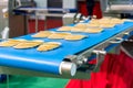 Close up bologna sliced plate on conveyor of automatic slicer machine for industrial food manufacture