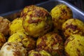 Close up of bolon of plantain mixed with hornado roasted pork ecuadorian traditional typical andean food