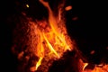 Close up of bonfire with a sparks at night. Heat from burning logs and coals in the dark Royalty Free Stock Photo