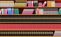 Close up book shelves in library, education and learning concept, 3d illustration or 3d rendering