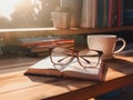 Close up of books and transparent glasses, wood table, coffee cup, generative AI