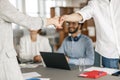 Close up of boss leader shaking hand of new team member recruiting him for job on staff briefin Royalty Free Stock Photo