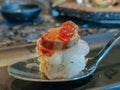 Close up Botan Shrimp and Foie Gras Truffles sushi.Japanese food style.