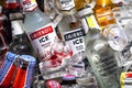 Close-up of a bottle of alcohol in a box with ice